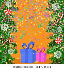 New year seasonal falling confetti background. Christmas fir with gift box, spruce branch, candy cane, snowflake, candy on orange background. Vector illustration.