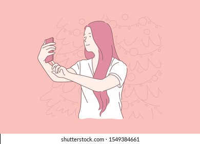 New Year selfie, woman taking pictures concept. Photographing with Christmas tree, profile picture for social networks, happy blogger, sharing photos, using smartphone. Simple flat vector