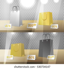 New year sellout. Vector realistic illustration of a showcase shelves with paper shopping bags