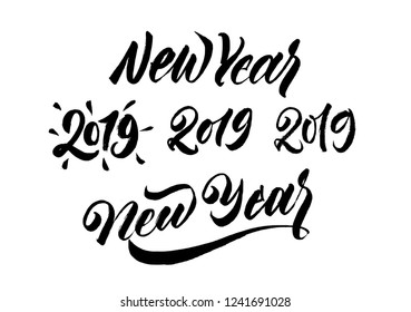 New Year set. 2019 brush pen lettering. Modern calligraphy. Black on white expresive sign. Vector ink eps 10. Handwriting calligraphic text and numbers.