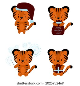 New Year set 2022 with different tiger cubs. With a bag of gifts, with a santa hat, with a gift box, with a sparkler