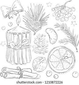 New year set, attributes of coziness and holiday, vector illustration
