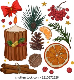 New year set, attributes of coziness and holiday, vector illustration
