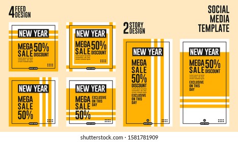New year set of banner sale social media templates for feeds and stories with trendy geometric background.