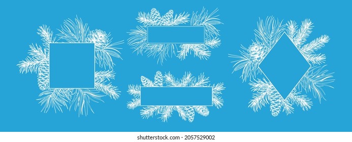 New year set botanical frames. Vector template with fir and pine branches and cones. Winter logo. Engraving style. Skyblue and White background. 