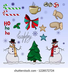 New Year Set of candys, bow, mittens, stars, snowman, tree .Hand drawn.