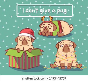 new year set with cartoon pug dog character in christmas gift box and santa claus hat and with christmas lights. vector illustration with hand drawn lettering quote - i don't give a pug