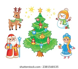 New Year  set with Christmas characters  in cartoon style. Vector illustration with a Santa Claus, snow maiden, deer, Christmas tree, snowman.