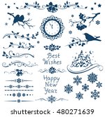 New year set. Christmas decorations. Winter calligraphic elements and ornaments