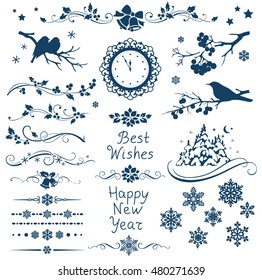 New year set. Christmas decorations. Winter calligraphic elements and ornaments