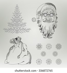 New Year Set. Christmas elements Santa Claus Spruce Snowflake Bag. Outline Vector Graphic Illustration. Concept Editable Art Line Image
