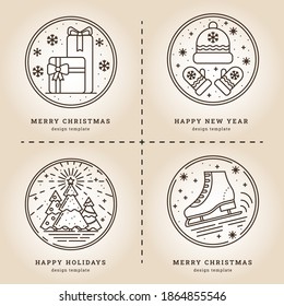 New Year Set of Christmas illustrations in Retro style. Gift Packaging, Hat and Mittens, Christmas Trees with Star and Skates. Icons for Invitation, Greeting, Postcard and Poster. Isolated vector 