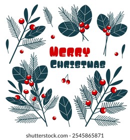 New Year set of Christmas tree branches, viburnum, leaves, for design, postcards, packaging, Vector