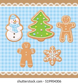 New year set collection. Sweet decorated gingerbread cookies icons isolated on blue gingham table cloth background. Christmas tree and snowflake, ginger man, snowman. Vector illustration.