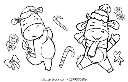 new year set of contour bull characters christmas holiday vector book coloring stroke isolate on white background animal cow cartoon icons hand drawing sketch doodle