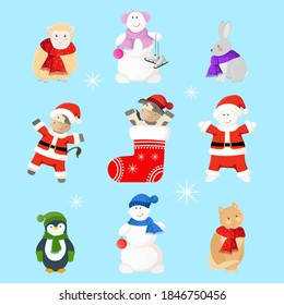 New year set with cute cartoon animals. Funny characters of bulls, snowmen, lamb, rabbit, cat and penguin on winter holidays season.