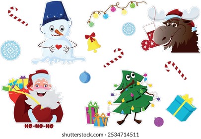 New Year set, with cute elements for design. Christmas tree, Santa, deer, snow globe, snowflake. For cards, banners, website, icons.