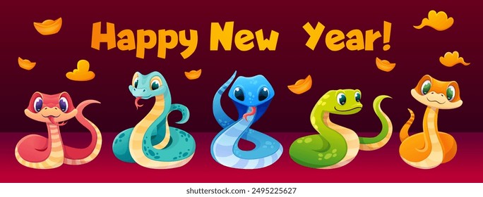 New Year set of cute snakes. Chinese horoscope zodiac sign. Kawaii reptile characters, vipers for greeting card, sticker, calendar, background.  Vector cartoon children illustration