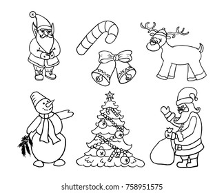 New Year set: deer, Santa Claus, Snowman, Candy "New Year's cane", Owl, elf. Hand-drawn cute Christmas sketch doodle monochrome illustration. Cartoon wallpaper.