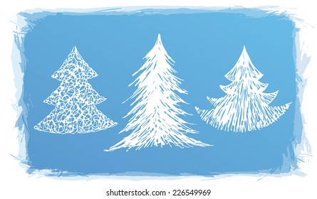 New Year set - different unusual texture tree for Christmas cards on blue watercolor brush background - hand drawn vector illustration