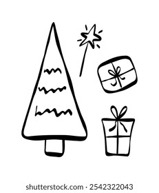 New Year set in doodle style. Minimalism.