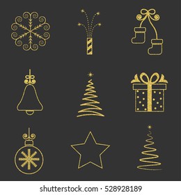 new year set of elements; Christmas logo; gold glitter; Black background; sign; emblem; symbol; vector illustration;