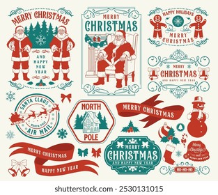 New Year set elements colorful Christmas greetings from Santa and Father Frost house at north pole near reindeer vector illustration