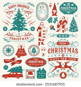 New Year set elements colorful Christmas tree or Santa Claus and congratulatory inscriptions near gingerbread cookies and snowflakes vector illustration