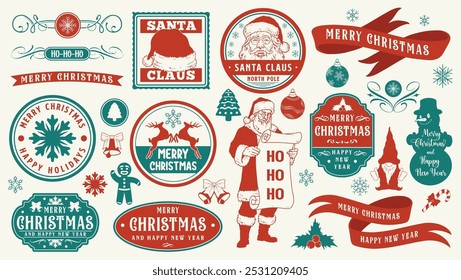 Nuevo año conjunto de emblemas de colores con Santa Claus y Navidades de renos cerca de la silueta de muñeco de nieve y inscripciones de saludo Ilustración vectorial