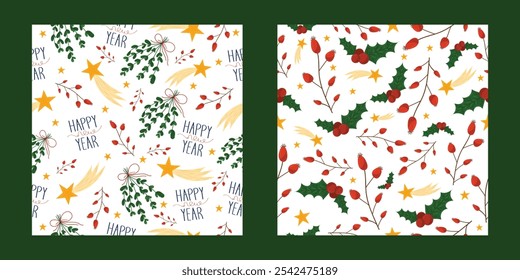 New Year set of festive seamless patterns with mistletoe, holly, stars, "Happy New Year" text and red berries. Traditional and beloved elements of New Year decor in botanical flat style. For prints.