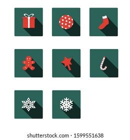 New Year set flat icons with gift box, sock, ball, gingerbread man, star and snowflakes. Illustrations with isolated green background.