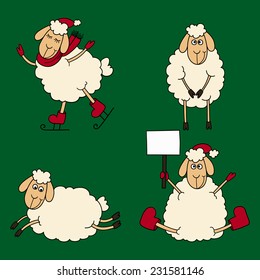New year set of the four sheeps and lambs on a green background. Vector clip-art.