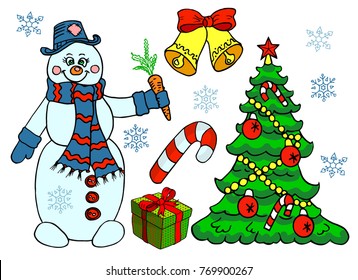 New Year set: Gift, Snowman, Candy "New Year's cane", Snowflake. Hand-drawn cute Christmas sketch doodle color illustration. Cartoon wallpaper.