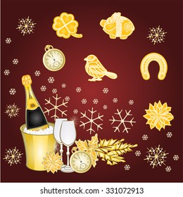 New Year set of gold decoration vintage trimmings vector illustration