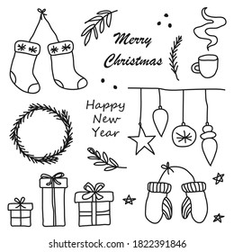 New year set with hand drawn cartoon elements in modern flat minimalism style, vector illustration.