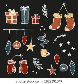 New year set with hand drawn cartoon elements in modern flat minimalism style, vector illustration.