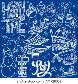New year set. Hand drawn vector illustration, design, greeting card