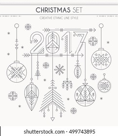 New Year set - hanging decorations, 2017 sign and snowflakes. Collection of creative line style design elements. Minimalistic outlined winter holidays graphics. Monochrome