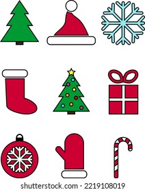 New Year set, icon vector. Set of New Year colored icons on a white background. Christmas tree, hat, mitten, sock, snowflake, gift, Christmas ball, lollipop.