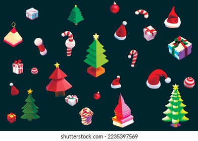 New Year set of illustrations. Christmas trees, santa hat, gingerbread house. Merry Christmas