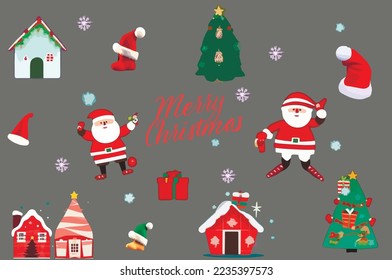 New Year set of illustrations. Christmas trees, santa hat, gingerbread house. Merry Christmas