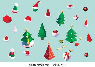 New Year set of illustrations. Christmas trees, santa hat, gingerbread house. Merry Christmas