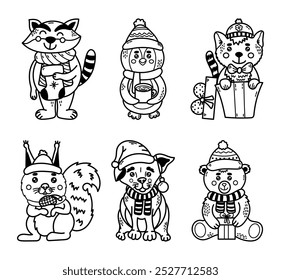 New Year set line drawing with cute winter animals for children. Raccoon, squirrel, bear, penguin, cat and puppy cute drawing