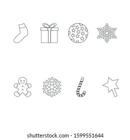 New Year set linear icons with gift box, sock, ball, gingerbread man, star and snowflakes. Illustration with white background.