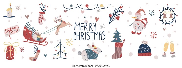 new year set of merry christmas illustrations, snowman and tree, hare and champagne, mitten and sock, wreath, candle and garland