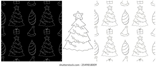 New Year. Set Monochrome pattern in hand draw style