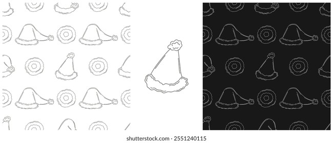Año Nuevo. Establecer patrón monocromo en estilo de dibujo a mano