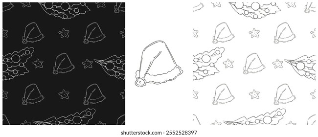 Año Nuevo. Establecer patrón monocromo en estilo de dibujo a mano