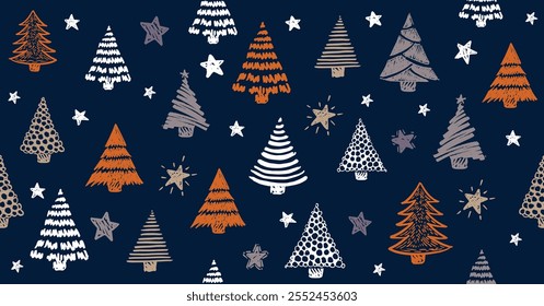 Ano Novo definido em azul, árvore de Natal, ilustrações desenhadas à mão.