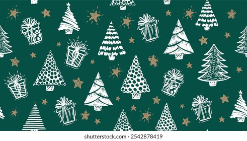 Nuevo año establecido en verde, árbol de Navidad, ilustraciones dibujadas a mano.
